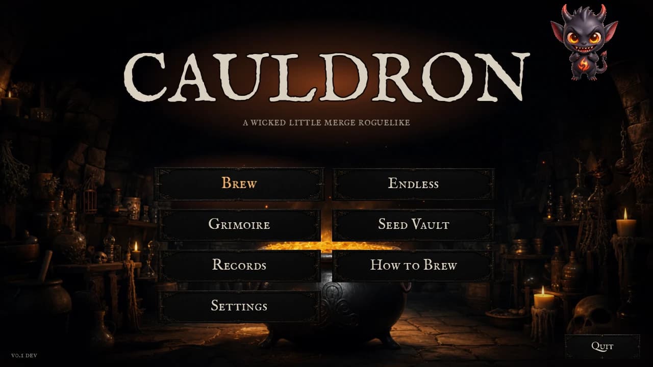 The Cauldron main menu, a glowing pot in a dark cellar behind seven carved stone plaques